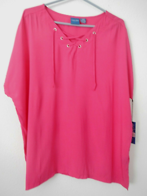 #ad CARIBBEAN JOE NWT XL Fuchsia Pink Rayon Lace up Front Cap Sleeve Blouse