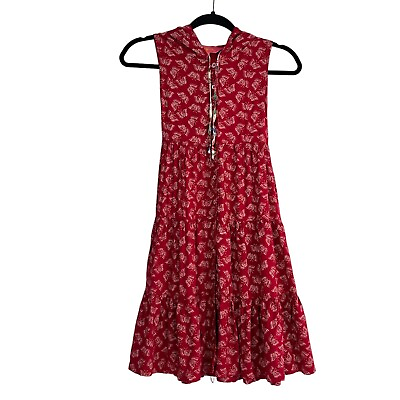 #ad April Cornell Girls Red Butterfly Boho Tiered Tie Back Prairie Hooded Dress 7 8