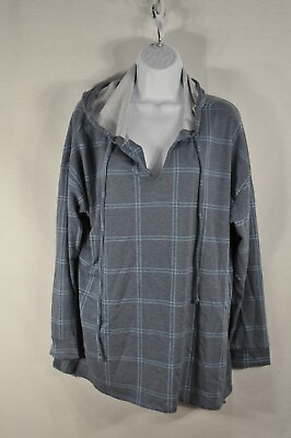 #ad Fred David woman#x27;s Pullover 1X Soft Hooded V Neck Long Sleeve Plaids Gray NWT