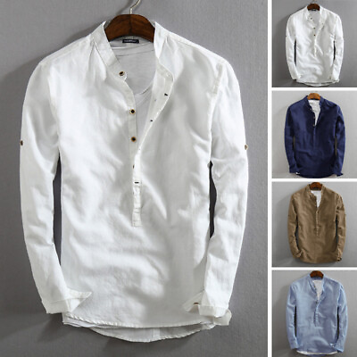 #ad Men#x27;s Cotton Slim Fit Henley T shirt Tops Long Sleeve Casual Button Smart Shirts