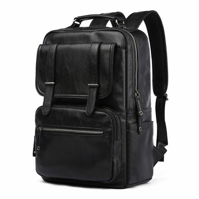 #ad New Fashion Mens Leather School Backpack Black Waterproof Laptop Travel Bag AD