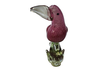 #ad Toucan Bird Parrot Art Glass Violet Green Figurine Clear Glass Perch 11” EUC