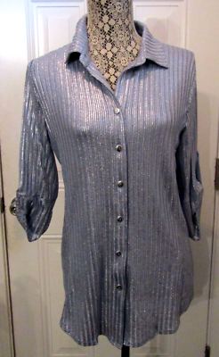 #ad NWT Pure Amici Blouse Metallic Gunmetal Silver Button Front Roll Tab Sleeves S
