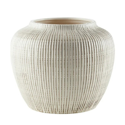 #ad 7quot; White Distressed Stripe Round Stoneware Vase