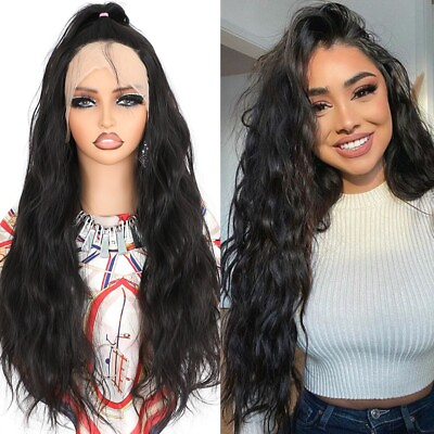 #ad Long Black Wavy Wig Lace Front Wigs Synthetic Fashion Women Glueless Natural