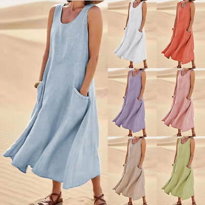 #ad Womens Cotton Linen Sleeveless Tank Dress Ladies Summer Kaftan Maxi Sundress US