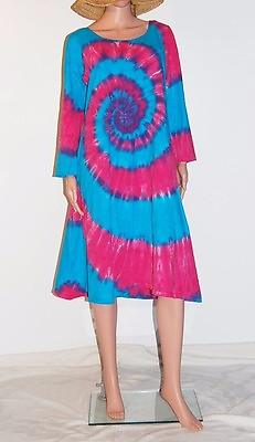 #ad #ad TIE DYE Women#x27;s Pink amp; Blue Spiral Long Sleeve Dress hippie sm med lg xl 2X 3X