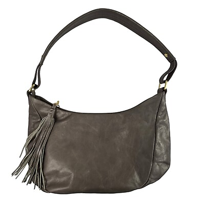 #ad Hobo The Original Alesa Leather Shoulder Bag Aged Taupe Gray Purse Tassel