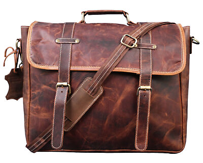 #ad Genuine Leather Laptop Bag Brown Shoulder Messenger Crossbody Business Briefcase