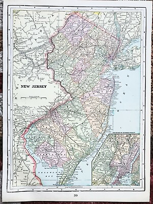 #ad 1898 New Jersey Map Hoboken Trenton Mount Holly May Landing Jersey City RARE