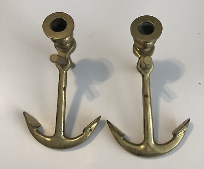#ad Vintage Pair Of Brass Candlestick Holder Nautical Ship Anchors