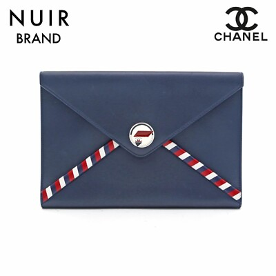 #ad Chanel Tricolor Line Clutch Bag Navy P13250 Used