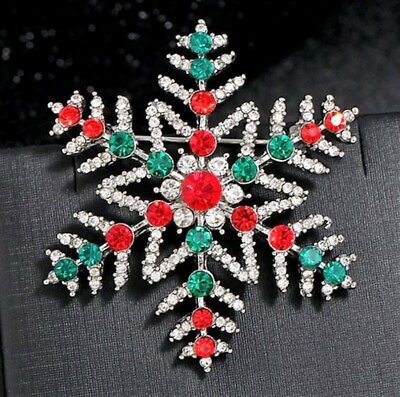 #ad Holiday Star SNOWFLAKE Red Green Rhinestone Christmas Gift Vintage Style Brooch
