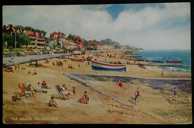 #ad Felixstowe UK Postcard Mid 1900s Rare England Beach Suffolk Fashion Boat