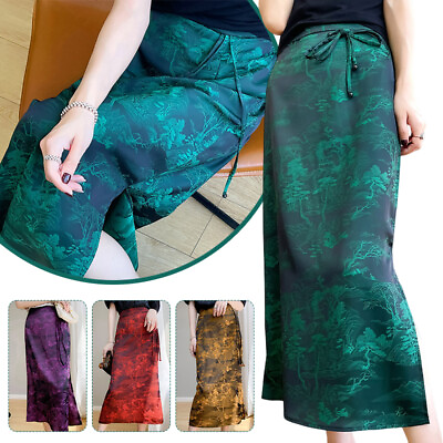 #ad Summer High Womens Waisted Split Skirt Satin Jacquard Elegant Mid Length Skirt