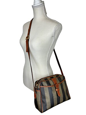 #ad FENDI Black Pequin Coated Canvas Brown Leather Crossbody Shoulder Messenger Bag