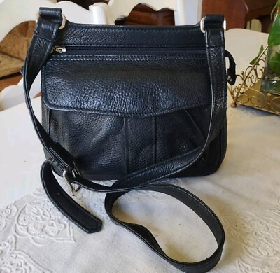 #ad FOSSIL 1954 Crossbody Messenger Bag Purse Black Genuine Leather Organizer 75082