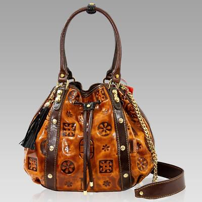 Marino Orlandi Designer Bucket Purse Tote Cognac Logo Printed Leather Bag