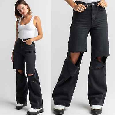 #ad BDG Wide Leg Jeans 29 Black Ripped Knee Puddle High Waist Skater 90s New NWT