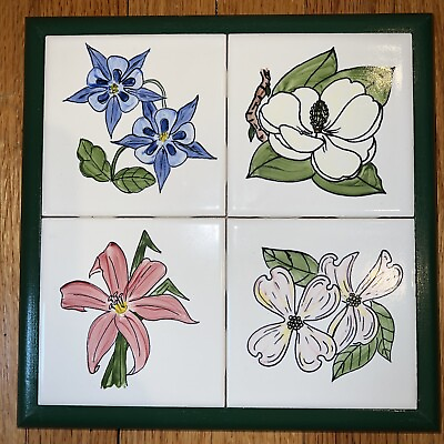 #ad Four Framed Hand Painted Ceramic Tiles with Flowers 10x10