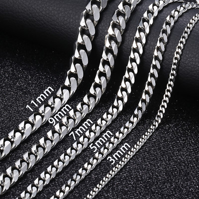 #ad 16 36quot; Stainless Steel Silver Chain Cuban Curb Womens Mens Necklace 3 5 7 9 11mm