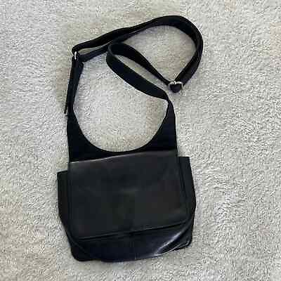 #ad Hobo International Purse Black Leather Small Crossbody Adjustable Nylon Flap Bag