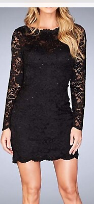 #ad Black CrissCross back Floral Lace long Sleeve Dress La femme size 4. Brand New