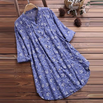 #ad Women Autumn V Neck Dress Floral Printed Shirt Long Sleeve Casual Blouse Tops