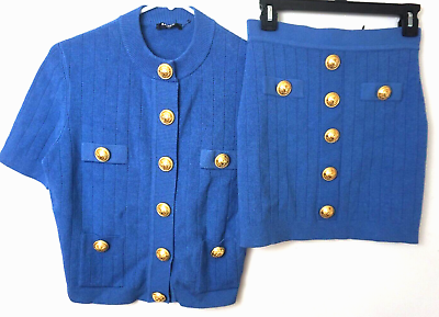 #ad BALMAIN Knitted Short Sleeve Button Up Cardigan Sz 42 Plus Pencial Skirt Sz 38