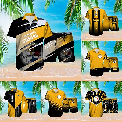 #ad Steelers Pittsburgh Mens Shirts and Shorts Set 2Pcs Summer Short Sleeve Outfits