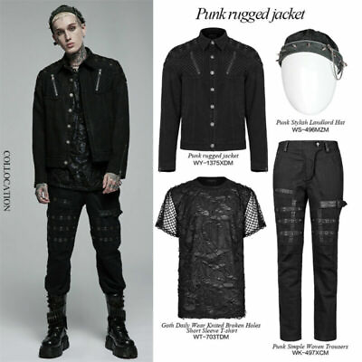 #ad PUNK RAVE Men’s Punk Rugged Slim Fitting Jacket Casual Black Shirts Black Tops