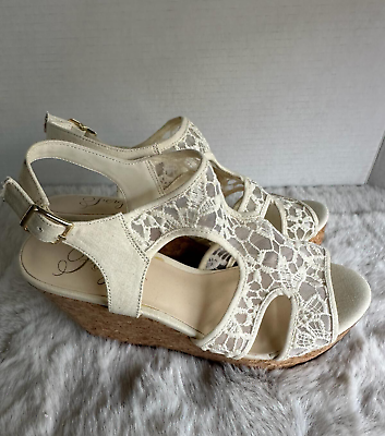 #ad Fergie Kyra Wedge Sandals Ivory Lace Slingback Cork Heels Womens Size 9M