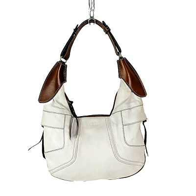 #ad Ghurka White Italian Leather Hobo Tote Purse Bag British Tan Trim Hand Crafted