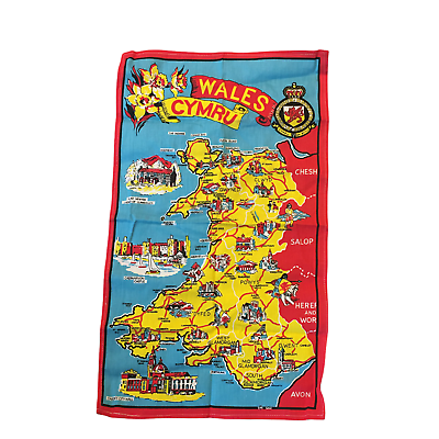 #ad Wales Cymru Souvenir Map Cotton Wall Hanging Red Blue Geography Coat Arms 30 in
