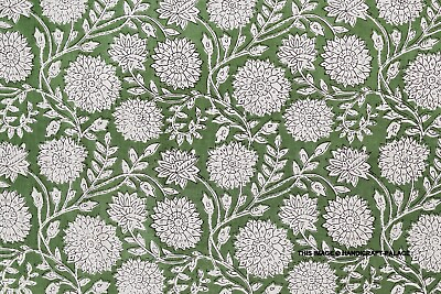 #ad 3 Yard Indian Cotton Hand Block Print Green Floral Beautiful Craft Sewing Fabric