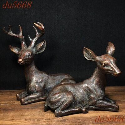 #ad Chinese bronze Feng Shui Lucky wealth animal deer ornament statue a pair