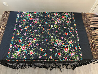 #ad VTG Spanish Hand Embroidered Tablecloth Shawl Wrap Floral Birds Fringed 55 x 55