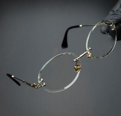#ad Men#x27;s Rimless Gold Sunglasses Old School Vintage Round Diamond Cut Brown Lens