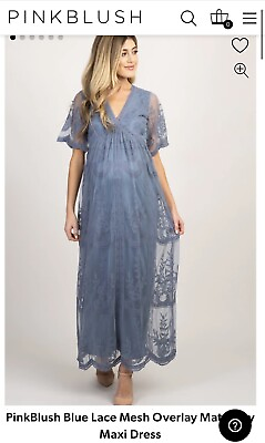 #ad NWT PinkBlush Blue Lace Mesh Overlay Maternity Maxi Dress L