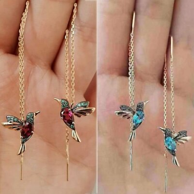 #ad Crystal Long Drop Tassel Hummingbird Earrings Stud Threader Dangle Women Gift