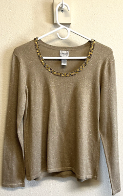 #ad Chico#x27;s Size 1 M Gold Sweater Embellished Neckline Glisten Pullover NEW