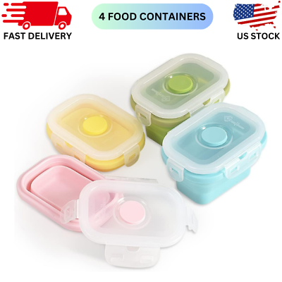 #ad 4 Collapsible Silicone Food Storage Container 5 Oz Portion Control Clip on Lid