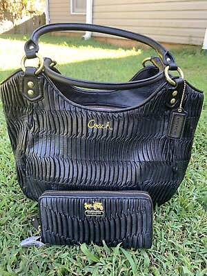 #ad COACH ASHLEY GATHERED LTH SH TOTE BRASS BLACK F23928 AND MATCHING WALLET $946.00