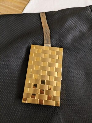 #ad Vtg. gold toned metal framed basketweave clutch evening bag.