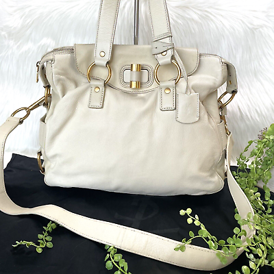 #ad Yves Saint Laurent Muse Shoulder Hand 2way Bag White Beige Leather Auth
