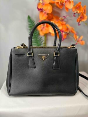 #ad PRADA Black Saffiano Lux Galleria Leather Medium Double Zip Satchel Bag