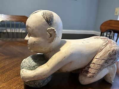 #ad Vintage Antique Opium Pillow wooden Headrest Boy with Ball Family Owned