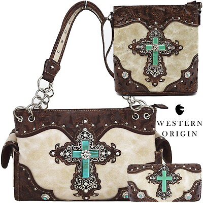Western Style Cross Women Leather Concealed Carry Purse Crossbody Wallet Beige $78.95