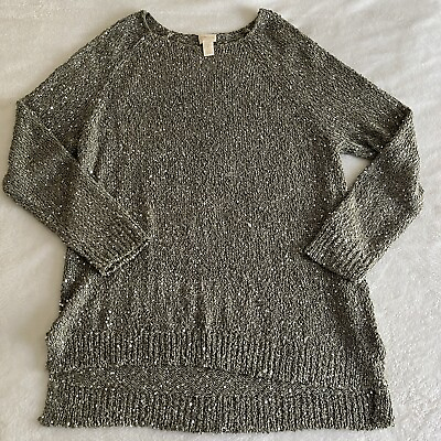 #ad Chico#x27;s Women#x27;s Sage Green Silver Sequined Chunky Knit Tunic Sweater Size 2