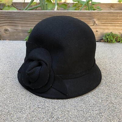 NINE WEST 100% Wool Bowler Hat Fedora Bucket Women#x27;s One Size Black Floral Bow $16.89
